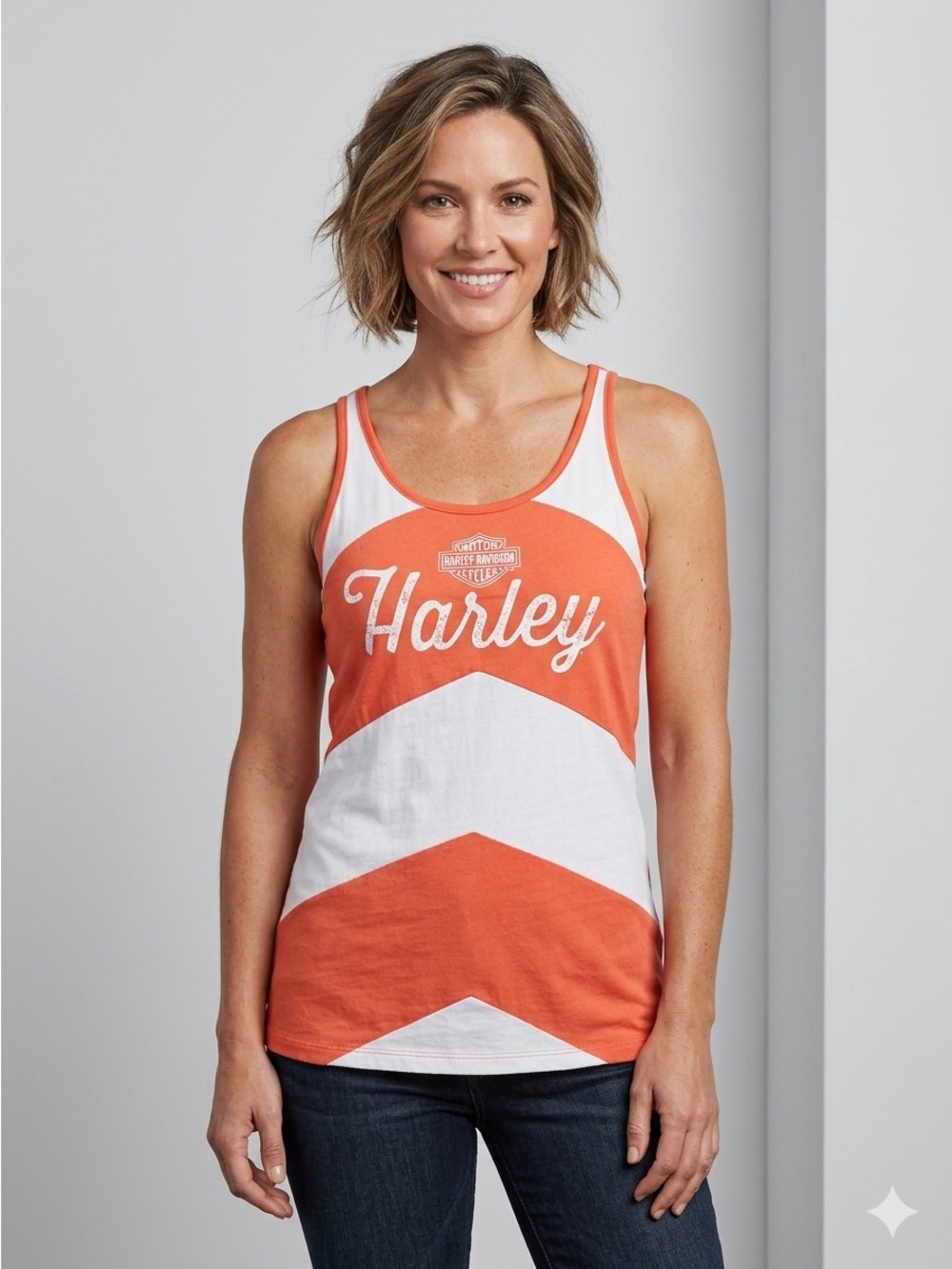 Harley-Davidson Coral and White Sleeveless Tank Top